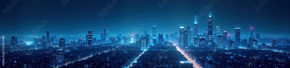 Fototapeta premium Night cityscape panorama shows tall buildings glowing blue light. Urban area at night. Long exposure captures city lights. Modern architecture. Business district. Elevated view. Evening scene.