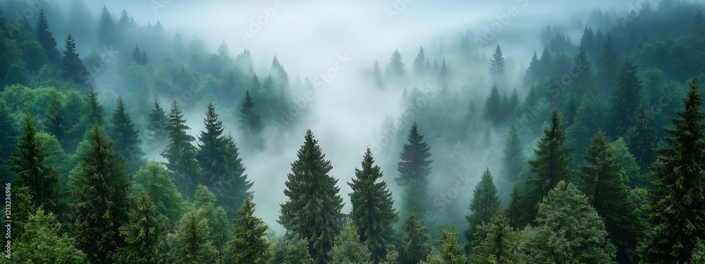 Panoramic view of forest with morning fog Panoramic view of forest with morning fog