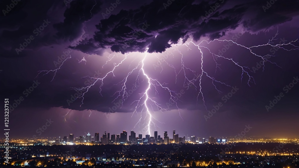 Fototapeta premium Lightning storm over city in purple light