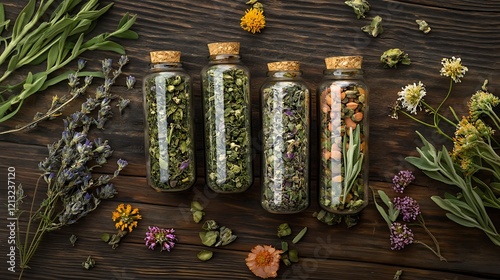 Herbal capsules filled with organic herbs and flowers placed on a rustic wooden table top view photo