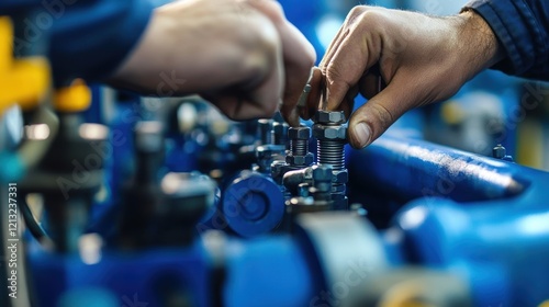 Two factory workers tightening bolts on blue hydraulic equipment within an industrial environment, engaged in essential maintenance and assembly tasks to ensure optimal performance