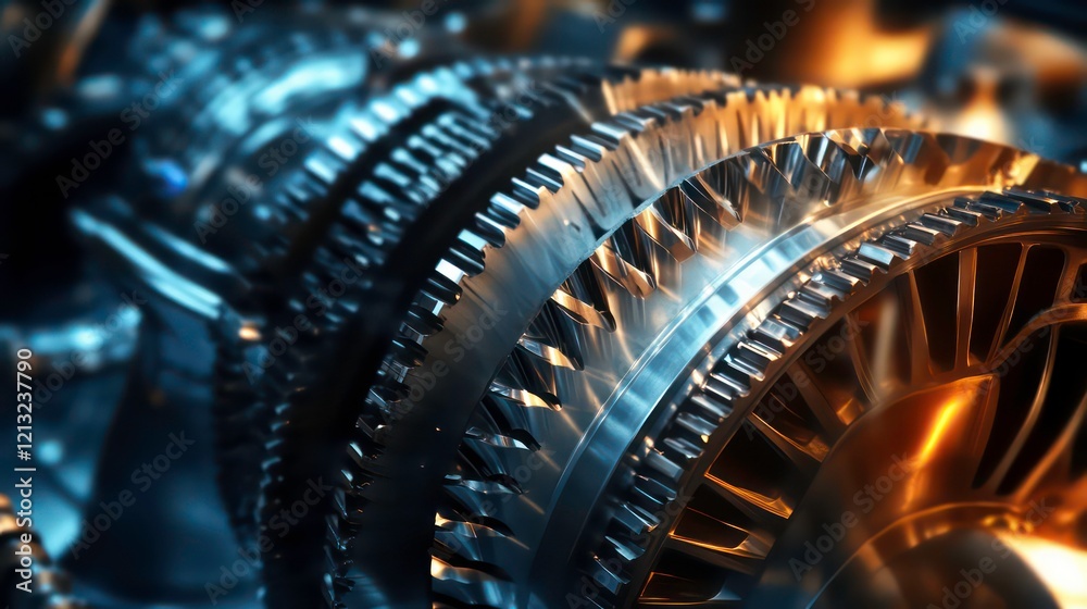 Fototapeta premium Close-up of intricate metallic engine components, showcasing complex gears and turbine blades with warm and cool lighting.