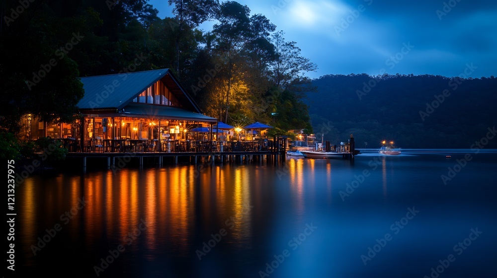 Fototapeta premium Lakeside Restaurant at Dusk: Tranquil Evening Ambiance