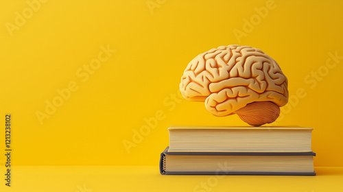 illustration of a human brain lying over two books. isolated on yellow background photo