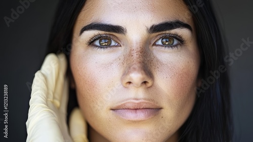 Woman with striking features undergoing a skin treatment in a modern clinic environment