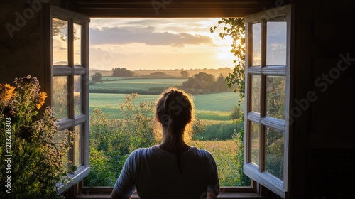 Woman looking at a beautiful sunrise view of the fields through an open window