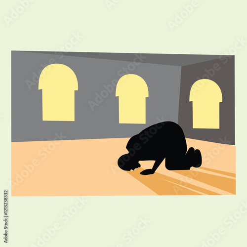 Illustration of a Muslim man praying in front of a mosques in a flat style. prayer room icon. Suitable for use as a sign in the prayer room in a public area or on brochures