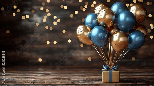 Happy birthday template wooden floor background with gift box, blue and gold balloons