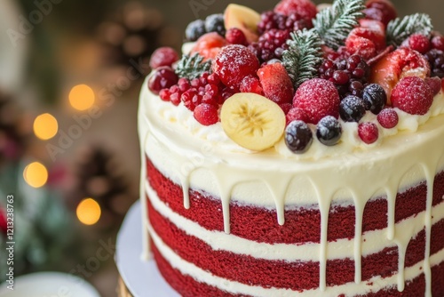 Festive Red Velvet Cake with Berries, Christmas Lights photo