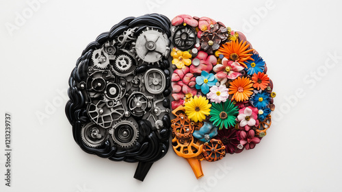 illustration: left and right hemispheres of the brain. The left half symbolizes the logical and mechanical thought processes, the right half the creative intuitive thought processes. white background
