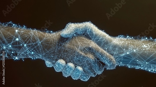 Digital handshake symbolizes collaboration and partnership between technology and humanity in modern business settings