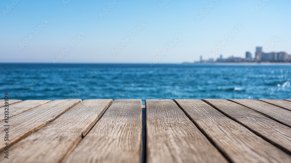 Wooden deck overlooking tranquil ocean with distant skyline under clear blue sky Wooden deck overlooking tranquil ocean with distant skyline under clear blue sky