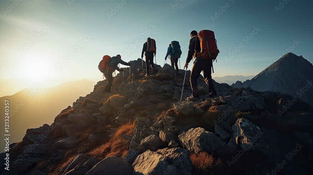 Fototapeta premium Hikers Ascending Majestic Mountain at Sunrise