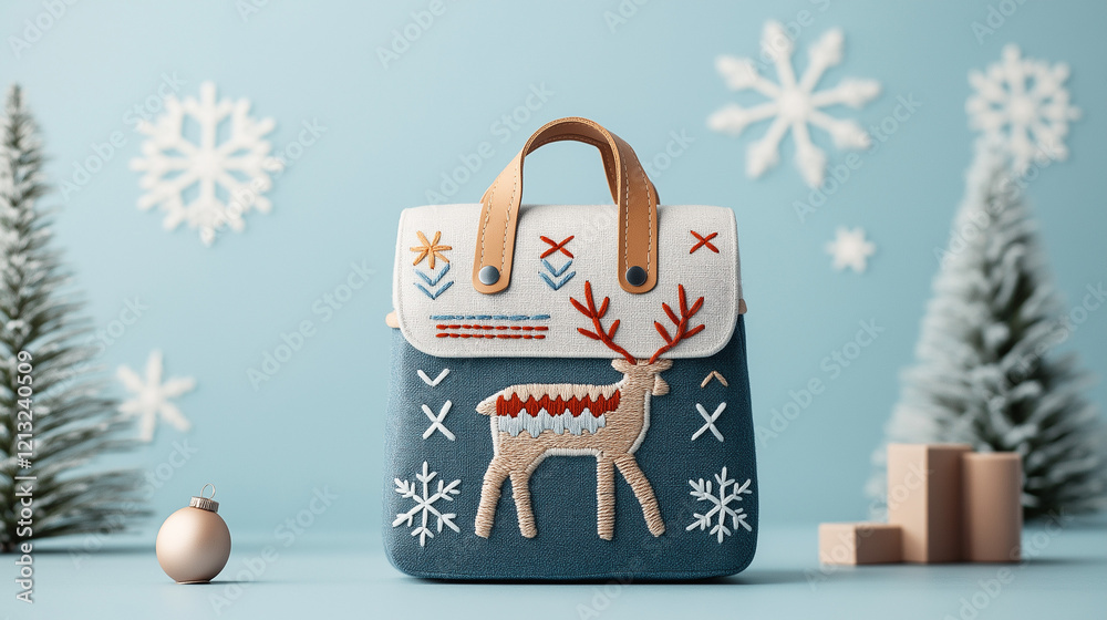 Embroidered reindeer bag, festive winter scene. Embroidered reindeer bag, festive winter scene.