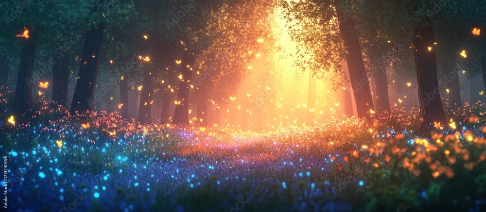 Obraz premium Ethereal fireflies dance and glow illuminating the ethereal dreamlike landscape of an enchanted forest at night Surreal and mystical atmosphere with vibrant colors serene pond