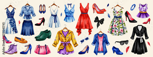 Women's clothing: dress, handbag, shoes, glasses, bow, top, blouse, skirt. Elegant wardrobe. Vector set and collection of watercolor decorative and design elements. Isolated on a white background.