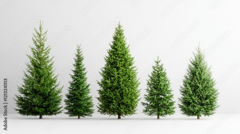 Fototapeta premium Five green pine trees of different sizes standing in a row against a clean white studio background.