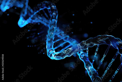 A glowing 3D representation of blue DNA, showcasing the complex strands and structure that shape all living organisms. photo