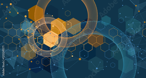 Abstract fractal circles geometric honeycomb hexagonal wall pattern tiles, elegant dark shades of blue background with golden stroke, outline, connected global molecular dot structure in biotechnology