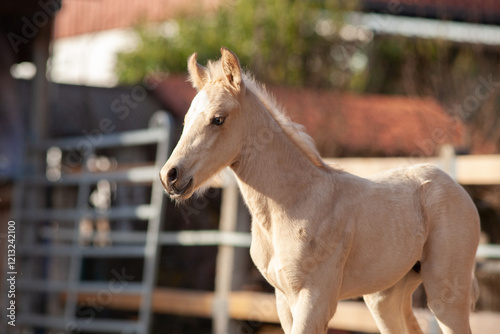 Palomino Fohlen mit blauen Augen. Tierbaby