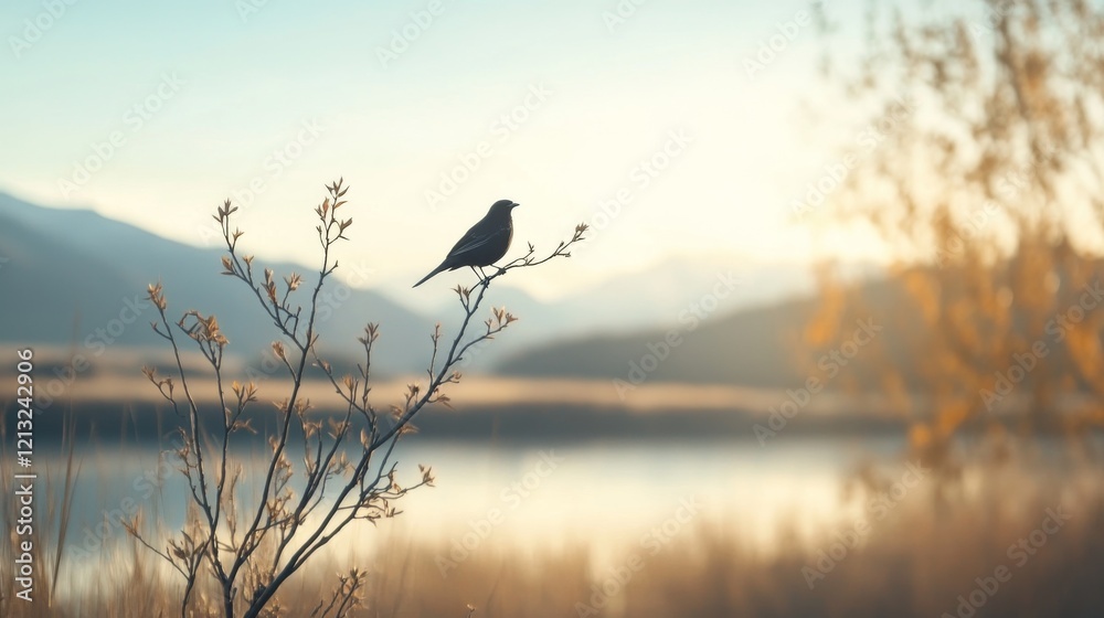 Obraz premium Silhouette of a bird perched on a branch at sunrise overlooking a calm lake and mountains.