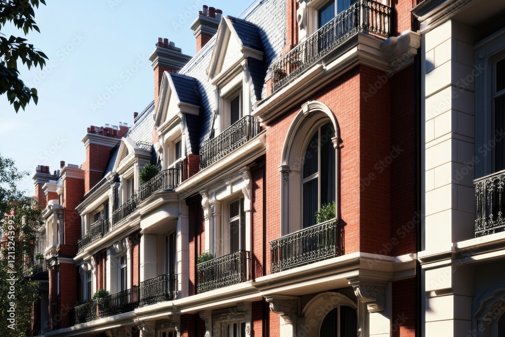 Fototapeta premium Elegant architecture showcases brick facades and decorative balconies in a historic urban neighborhood during a sunny afternoon