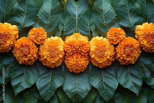 Indian Flower Garland Mango Leaves and Marigold Flowers for Festivals