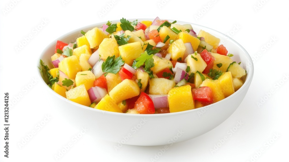 A refreshing bowl of mixed tropical fruit salsa with diced pineapple, mango, papaya A refreshing bowl of mixed tropical fruit salsa with diced pineapple, mango, papaya