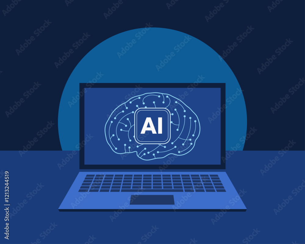 Artificial intelligence or AI. Laptop with brain icon that looks like a circuit board and with font AI in front of dark blue background. Simplified vector illustration. Artificial intelligence or AI. Laptop with brain icon that looks like a circuit board and with font AI in front of dark blue background. Simplified vector illustration.