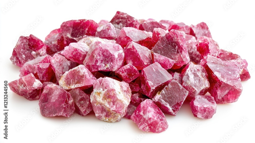Obraz premium Pile of rough pink ruby crystals and raw mineral specimens isolated on a clean white background.