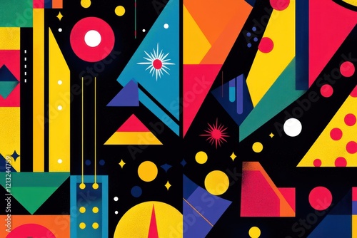 Abstract geometric art, vibrant colors, dark background, design element