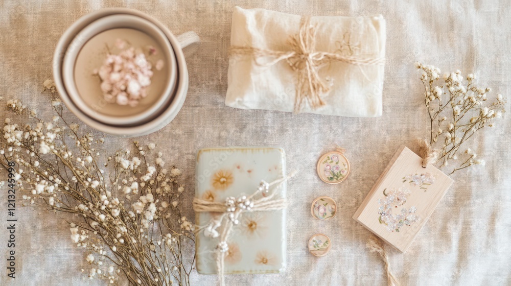 Flatlay of handmade soap, gift wrap, flowers, and teacups on linen fabric. Flatlay of handmade soap, gift wrap, flowers, and teacups on linen fabric.