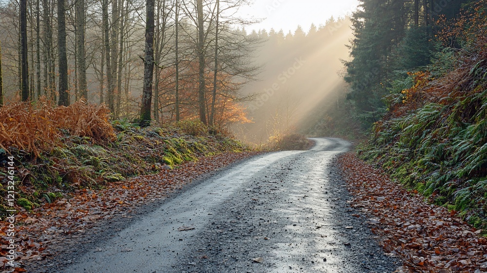 Fototapeta premium Sunbeams illuminate a misty forest road.