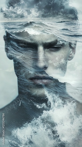 Double exposure of a contemplative man with a stormy ocean landscape, waves merging with facial features, moody atmosphere