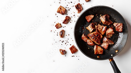 A top view of roasted meat steaks falling into a frying pan on white background
