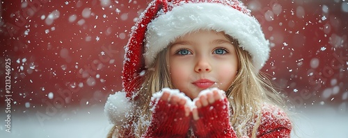 Little blonde girl in a Santa suit blows snow off her hands. Red background isolate. Space for text