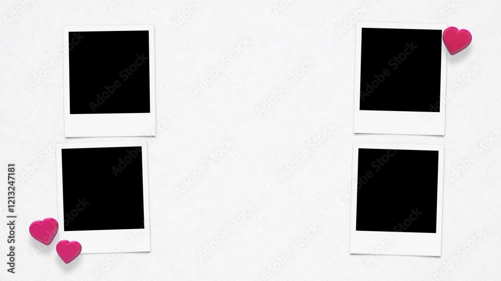 Retro Instant Photos With Alpha And Floating Hearts On Paper Background Loop