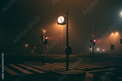 Empty night crossroad in fog