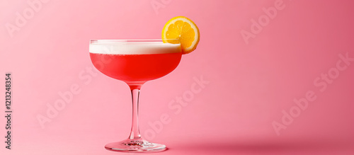 Red cocktail in coupe glass with froth and citrus slice on pink background