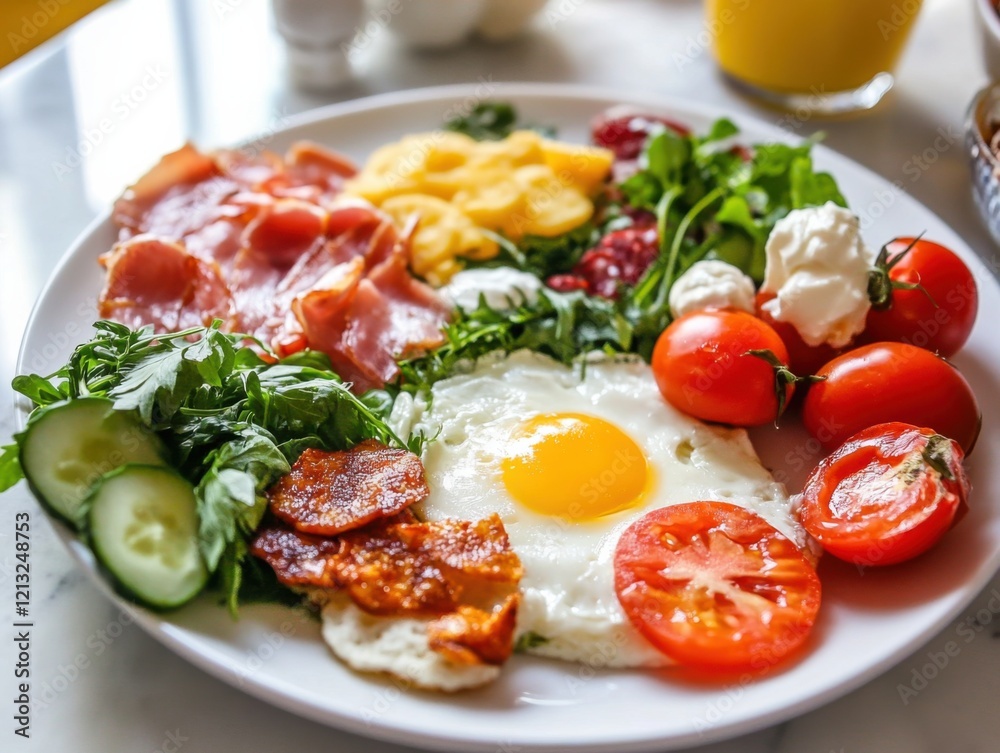 A vibrant low-carb breakfast plate, in a bright dining area, featuring a variety of nutritious A vibrant low-carb breakfast plate, in a bright dining area, featuring a variety of nutritious