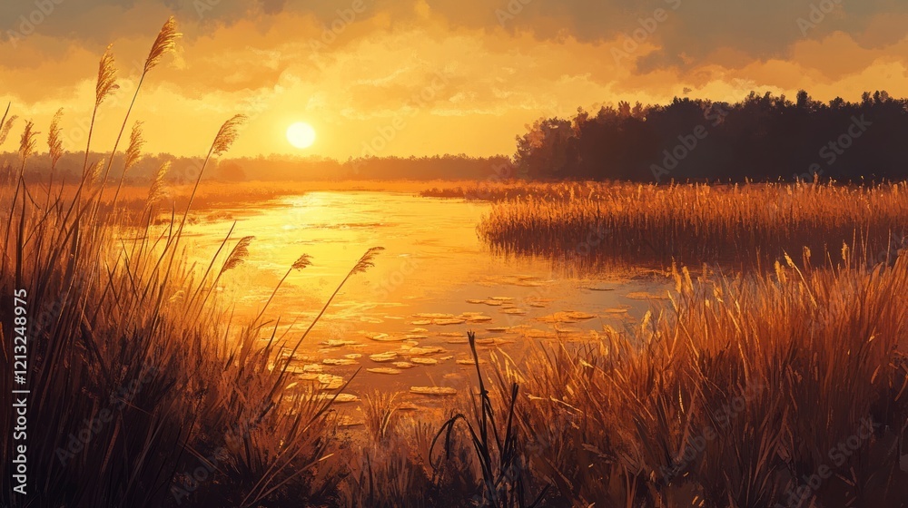 Golden Sunset Over Serene Lake and Reeds Golden Sunset Over Serene Lake and Reeds