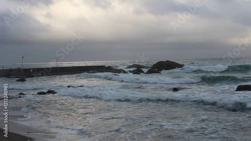 Storm in Italy, Sicilia. Big waves in sunny or cloudy day.