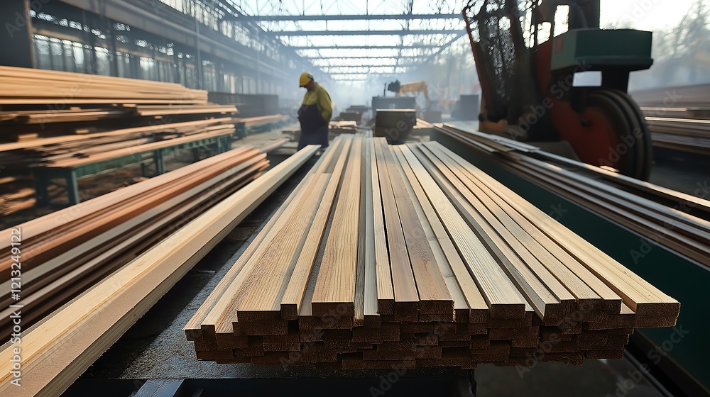 Obraz premium Planks being processed in lumberyard