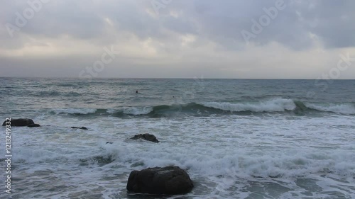 Storm in Italy, Sicilia. Big waves in sunny or cloudy day.