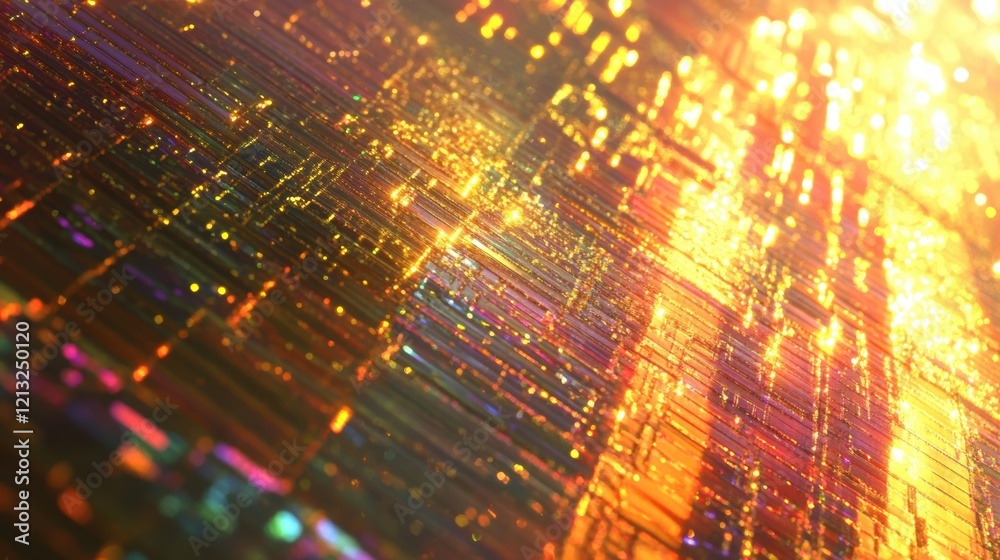 Obraz premium Golden data streams are flowing through a digital circuit board, creating an abstract representation of information processing and technology
