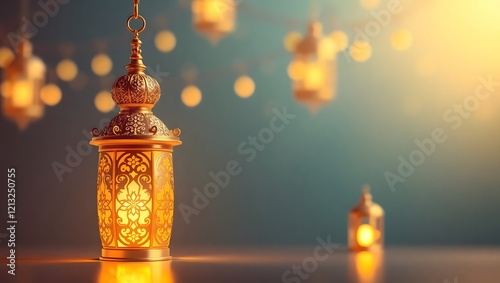 Festive 3D Ramadan Lantern with Soft Glow and Copyspace on Blue-Gold Background photo