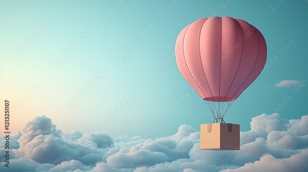 Fototapeta premium Pink Hot Air Balloon Carrying Package Through Clouds