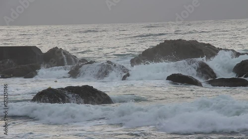 Storm in Italy, Sicilia. Big waves in sunny or cloudy day.