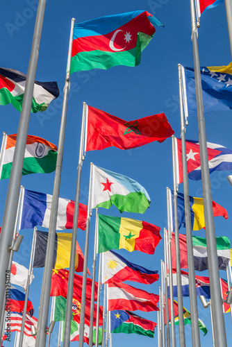 Many world's countries national flags waving on the wind, with Azerbaijani, Morrocan, Djibouti and Senegal, Philippine, French, Indian  banners in the foreground, Doha, Qatar photo