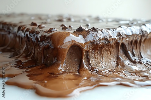 Melted chocolate dripping onto a white surface.